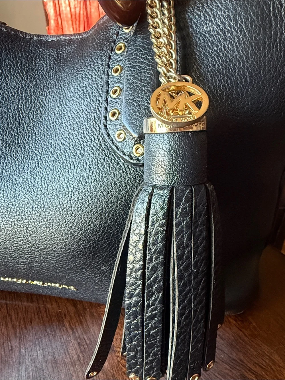 Michael Kors Black Pebbled Leather Tote with Gold Hardware and Tassel